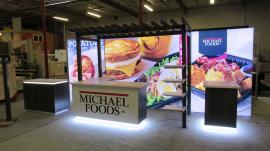 Custom SuperNova LED Lightbox Inline with Wood Pergola, Shelves, Backlit Graphics, Monitor Stand, L-shaped Counter, and MOD-1596 Counter